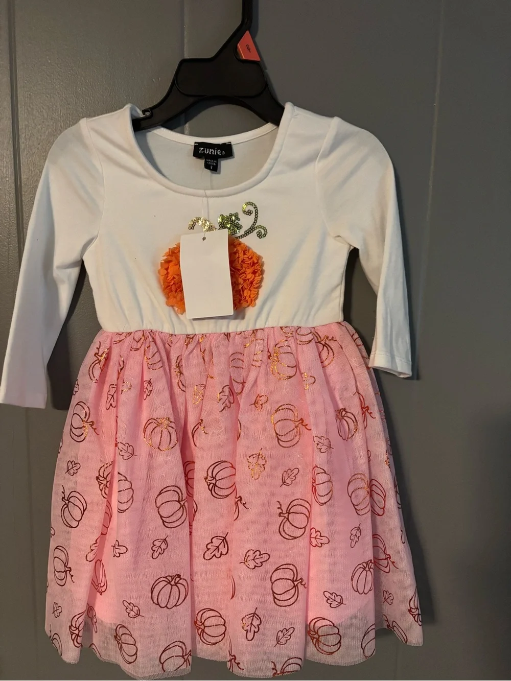 Zunie White Bodice Pink Tulle Pumpkin Dress with Orange Pom